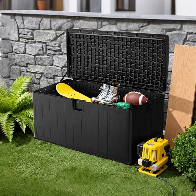 JEKO&JEKO 185 Gallon Outdoor Storage Box Set, 2-Pack (75 Gallon & 110 Gallon) Deck Boxes with Lockable Lid for Patio and Garden, Black