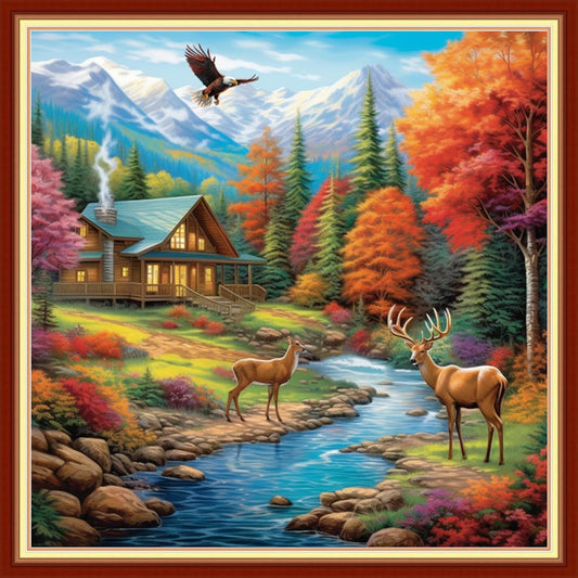 Joyhoor Stamped Cross Stitch Kits for Beginners, Needlepoint Kits for Adults, 11CT Counted Embroidery Kits-Late Autumn Elk 18x18 inchs