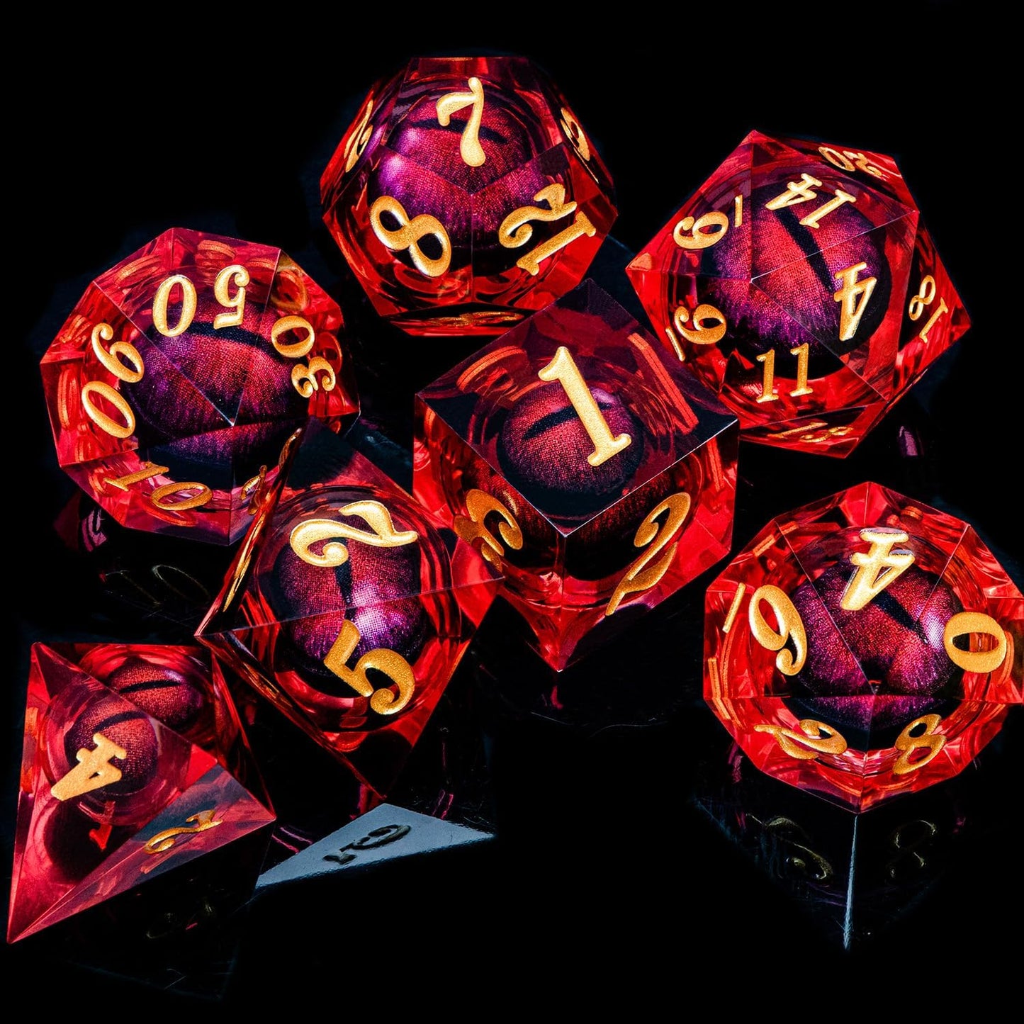 ARUOHHA DND Dragon Eye Dice Liquid Core Red Resin Sharp Edged Dice with Gift Box, Polyhedral D and D Dice Set Handmade Role Playing Game D20 D12 D10 D8 D6 D4