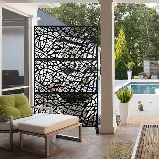 Casaphoria 72" H x 47" W Metal Outdoor Privacy Screen, Freestanding Decorative Divider for Patio, Deck, Balcony, and Garden with Stable Base, Black Net