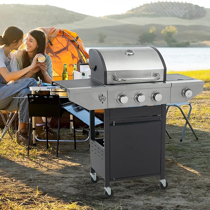 Zateety 3 Burner Propane Grill - 40,500 BTU Gas Grill with Side Burner, Stainless Steel with Iron Cast Grates for Outdoor Cooking, Patio, Camping BBQ, Garden Barbecue Grill, Black and Silver