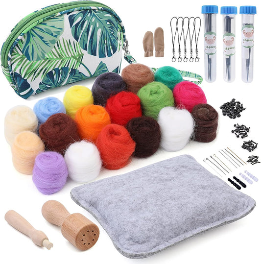 IMZAY Needle Felting Kit, Needle Felting Starter Kit with Exquisite Green Storage Bag, Wool Roving 18 Colors Set, Needle Felting Tools Kit, Wool Felt Tools for Felted Animal Needle Felting Supplies