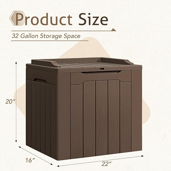 Flamaker Deck Box 31 Gallon Waterproof Resin Small Deck Box with Lid, Indoor Outdoor Package Delivery Box, Organization and Storage for Patio Furniture, Garden Tools, Outdoor Cushions (Deep Brown)