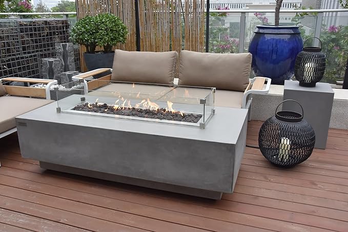 Elementi Granville Fire Pit Bundle Outdoor Firepit Set Includes 60” Propane Concrete Firepit Table, Glass Windscreen, Stainless Steel Cover, Tank Cover, Canvas Cover, Floor Mat, Ice Bucket