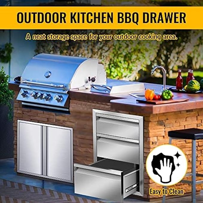 Outdoor Kitchen Drawers, Box Frame Style Flush Mount BBQ Drawer w/Stainless Steel Handle, BBQ Island Drawers For Patio Grill Station,Three Drawers
