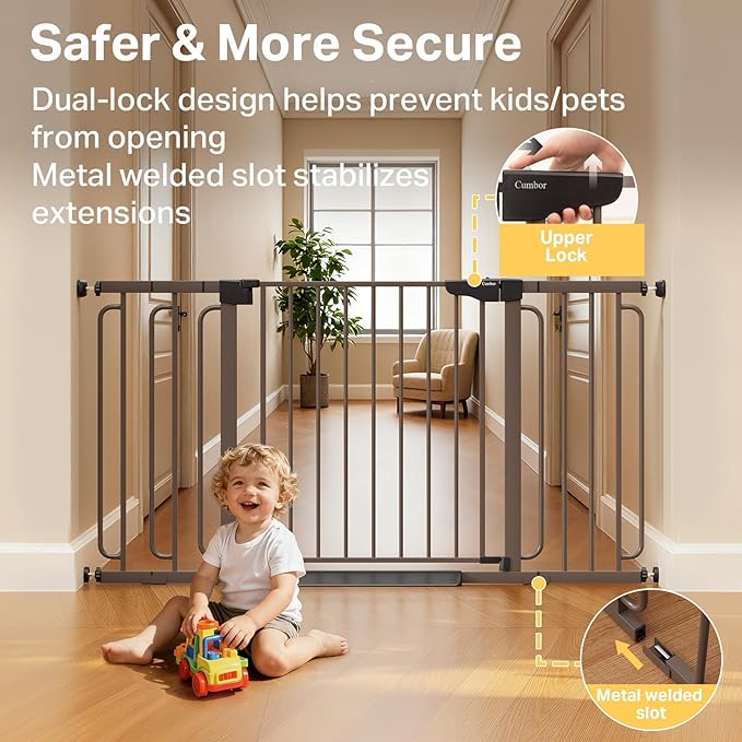 Cumbor 29.7-59" Extra Wide Baby Gate for Stairs, Pressure Mounted Dog Gate for Doorways, Auto-Close Easy Walk Through Safety Child Gate for Kids Toddler, Tall Pet Gates Indoor, Brown