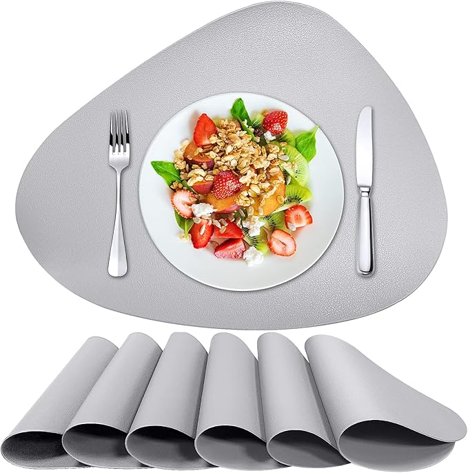 Herda Placemats Set of 6 for Dining Table Mats Faux Leather Place Mats Wipeable Washable Placemats for Round Table Mats for Kitchen Dining Patio Heat Resist Easy to Clean Light Grey