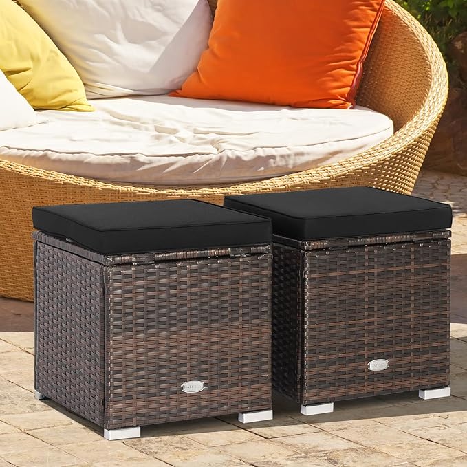 Tangkula 2 Pieces Patio Ottomans, Patiojoy Hand-Woven PE Rattan Side Table with Removable Cushion & Hidden Storage Space, Multifunctional Storage Box, Seat for Patio, Backyard, Poolside (Black)