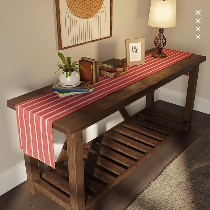 Encasa XO Cotton Dining Table Runner | Roma Red Stripes | Size 13x72 in - Machine Washable & Durable