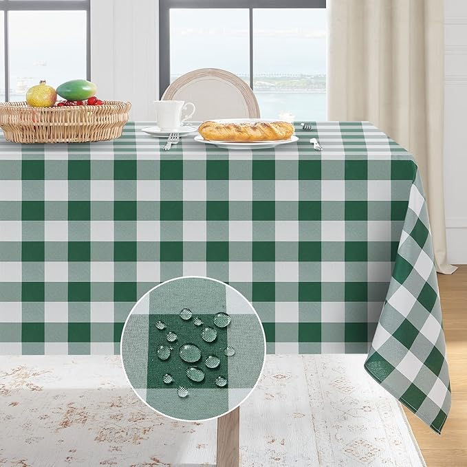 Softalker Spring Checkered Tablecloth Rectangle - Outdoor Waterproof Buffalo Plaid Table Cloth, Stain Resistant Gingham Table Cover for Picnic, Camping, Easter - Hunter Green and White, 60 x 102 Inch