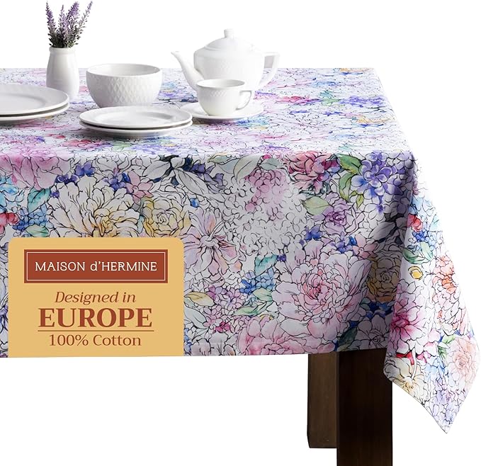Maison d' Hermine Table Cloth Rectangle Table 100% Cotton 60 x 120 Inches Tablecloth Reusable Decorative for Dining Room, Farmhouse, Home, Party, Festive & Wedding Spring Summer - Floral Love
