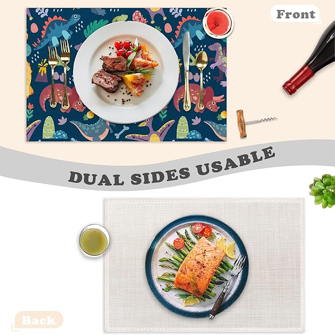 Dinosaur Placemats Set of 6,Cute Tropical Leaves Heat Resistant Table Mats Washable Place Mats for Party Kitchen Farmhouse Home Dining Holiday Decor 12x18 Inch