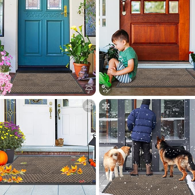 Smiry Front Door Mat Outside Entrance, Heavy Duty Sturdy Natural Rubber Doormat, Trap Dirt and Moisture, Easy Clean Low Profile Mats for Indoor Outdoor Entry, Irregular Triangle (36x24, Mixed Khaki)