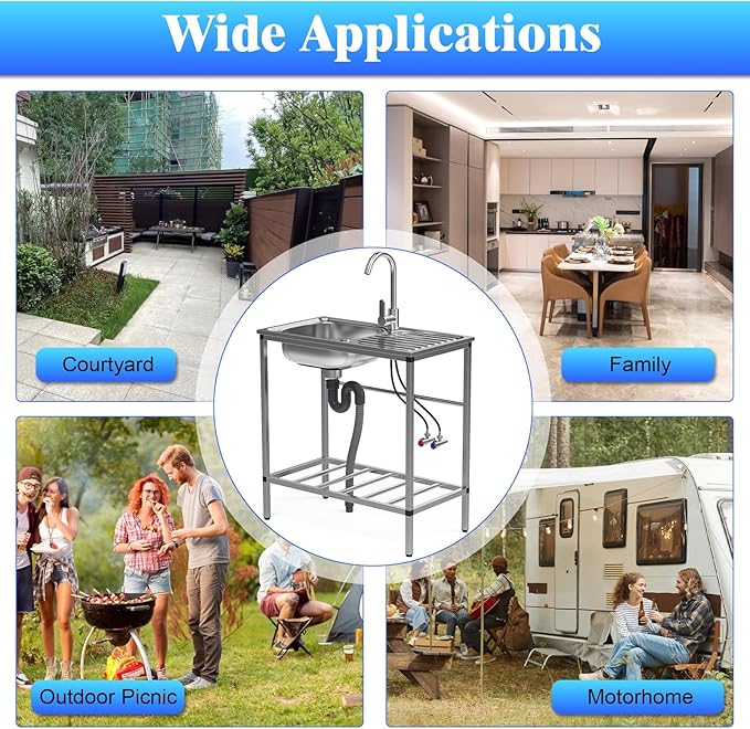 Stainless Steel Utility Sink with Cabinet, Outdoor Sinks Station for Patio & Camping, Kitchen and Cabinet Combo Stainless Steel