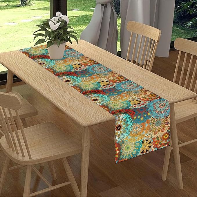 Bohemian Mandala Table Runner, Vintage Colorful Boho Geometric Floral Flower Antique Paisley Rustic Coffee Table Center Decor for Family Kitchen and Living Room Outdoor Table Decorations, 13"x90"