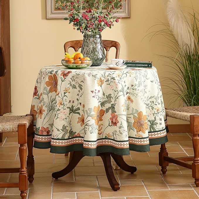 French Linen Small Tablecloth for Round Table,Orange Floral Pattern Wrinkle Resistant Tablecloths,Decor Table Cover for Kitchen,Dining,Party,Thanksgiving,Christmas,Diameter 55"-Milch