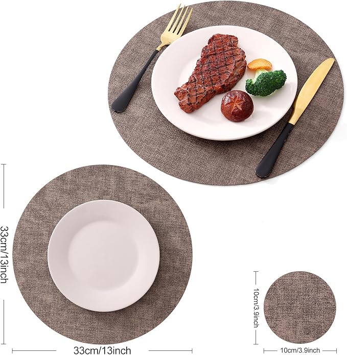 Homaxy Round Faux Leather Placemats and Coasters, Washable Dual-Side Table Mats, Wipeable Heat-Resistant Dining Place Mats for Outdoor and Indoor, Set of 8, Diameter 13 and 3.93 inch, Dark Brown