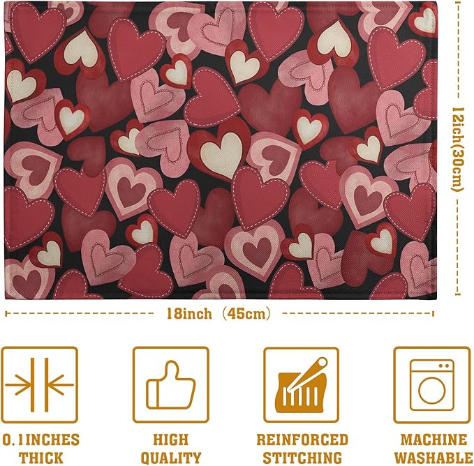 Valentines Day Love Hearts Placemats Set of 4 Valentine Red Black Heart Linen Table Mats Spring Wedding Anniversary Washable Place Mats for Outdoor Home Party Kitchen Dining 12x18 Inch