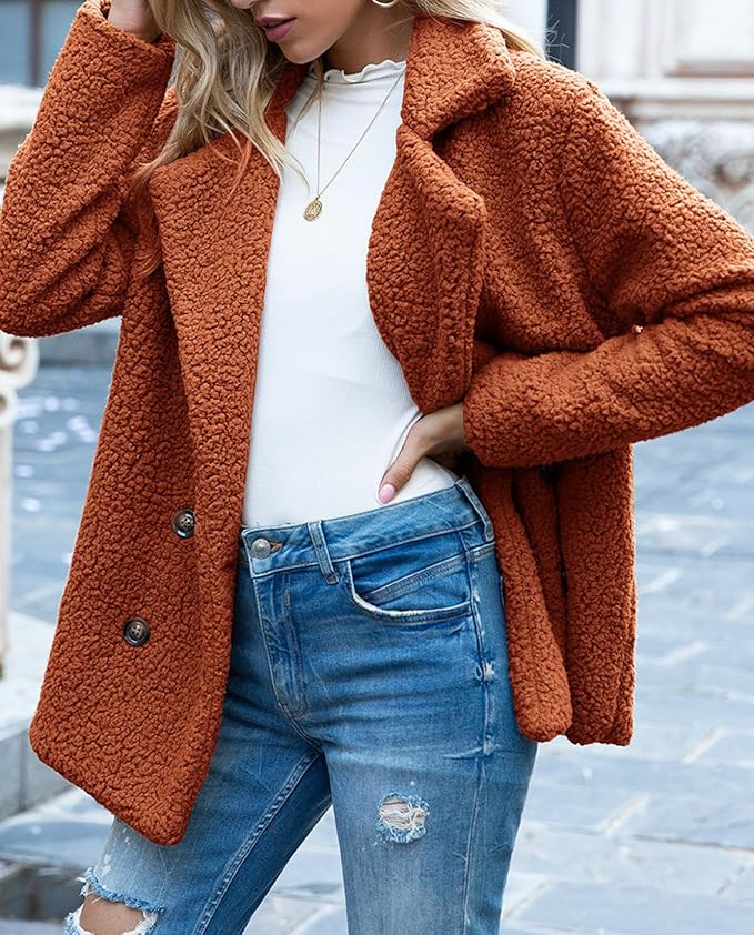 Women's Winter Warm Plush Cardigan Fuzzy Fleece Lapel Jacket with Buttons Pockets Long Sleeve Casual Outerwear