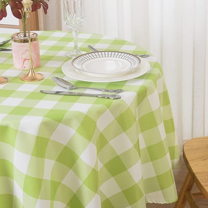 2 Pack Waterproof Polyester Fabic Round Checkered Tablecloth，60 Outdoor Table Cloth，Oil Stain Prevention Table Cloth for Pinics and Parties（Emerald and White）