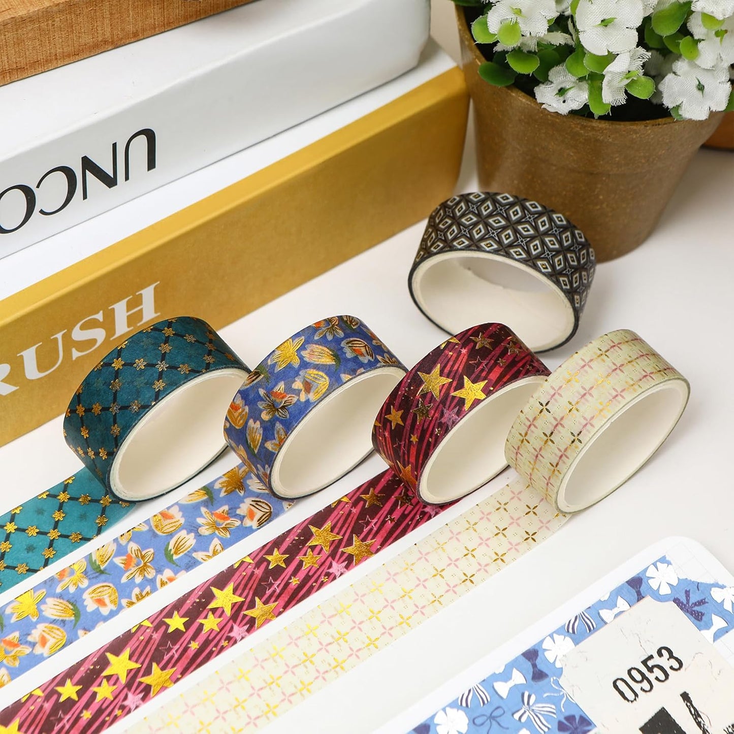 12 Rolls Charming Washi Tape Set Gold Silver Foil Detailing Arts Adhesive Tapes Basic Patterns Decorative Masking Tape Sets for Craft, Kids, Scrapbook, DIY, Gift Wrapping (Golden Galaxy)