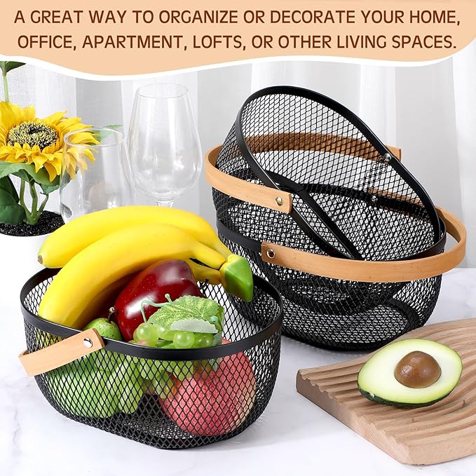 Maxcheck 4 Pcs Oval Metal Wire Storage Basket with Handle for Gathering Vegetables Multi Functional Mesh Basket for Kitchen Bathroom Picnic Home, 10.24 x 7.68 Inch(Black)
