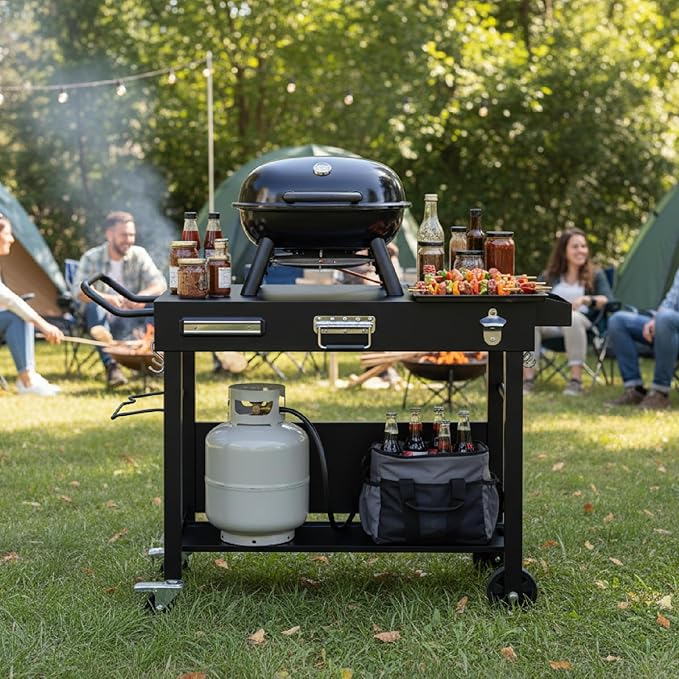 VINGLI Outdoor Grill Table Cart, Foldable Grill Cart with Wheels, Rolling Table for Ninja, Blackstone Griddle, Pizza Oven Stand, Food Prep Table w/Bottle Opener, Seasoning Tray, Rubbish Bag Holder