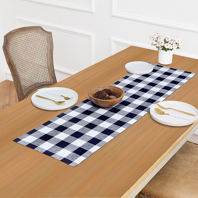 Solino Home Checkered Linen Table Runner 36 Inches - 100% Pure Linen Navy and White Buffalo Check Table Runner 14 x 36 Inch Ideal for Dresser and Coffee Tables - Winter