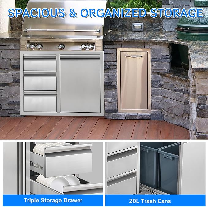 Outdoor Kitchen Drawer Combo, Stainless Steel Triple Drawer Cabinet with Built-in Trash Bin Drawer & Two Trash Cans, 28" W x 22" H x 19.5" D Outdoor Kitchen Storage for BBQ Grill Islands