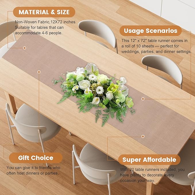 20 Pieces Boho Disposable Table Runners Roll 12x72 Inch, Non-Woven Waterproof Runners with Tear Line, Bohemian Decor for Wedding, Party, Events, Rustic Table Decorations Supplies (Burlap)