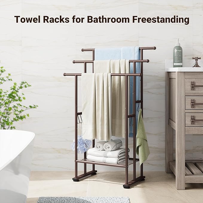 ELYKEN 3 Tier Standing Towel Rack, 40'' Tall Towel Drying Rack Outdoor, Freestanding Floor Towel Rack with Shelf, Pool Towel Blanket Stand, Metal Towel Racks for Bathroom freestanding, Bronze