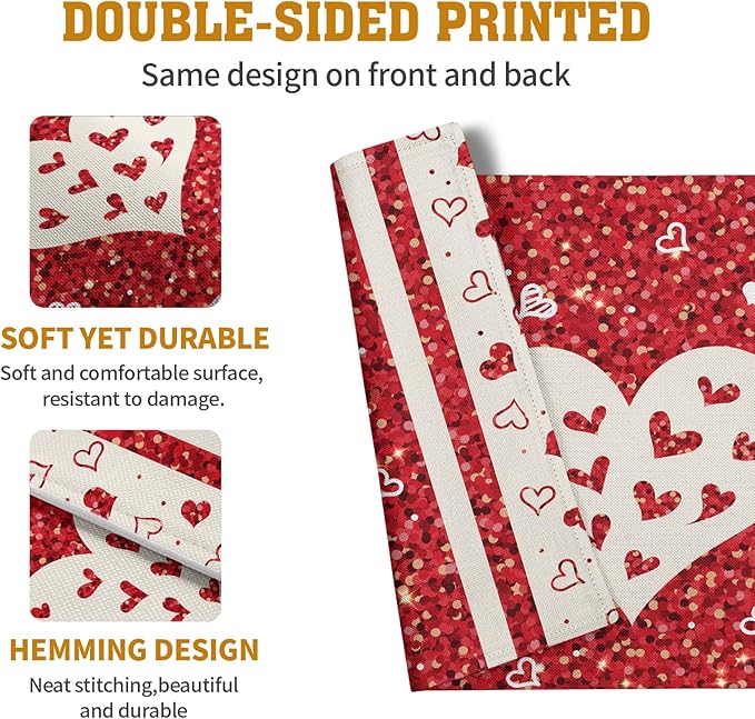 Valentine Hearts Placemats Set of 4, 12x18 Inch Red White Love Heart Linen Table Mats Romantic Wedding Heat Resistant Washable Place Mat for Party Kitchen Dining Outdoor Indoor Decor