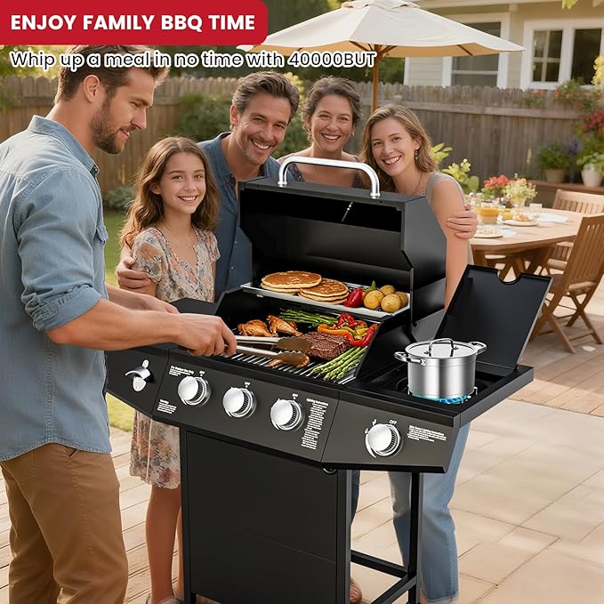 40,000 BTU Propane Gas Grill, 3 Burner Gas Grill with Side Burner, Outdoor BBQ Grill with Stainless Steel Grates for Patio, Camping, Outdoor Cooking