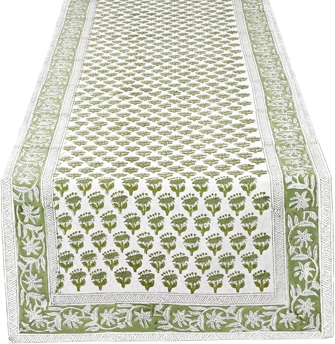 CPC Cotton Table Runner 16x106 inch Block Printed Long Fall Table Runner for Dining Table, Card Table, Coffee Table, Wedding, Farmhouse & Outdoor Barbeque-Emerald Green