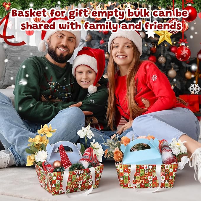Pinkunn 48 Pcs Basket for Gifts Empty DIY Bulk Party Gift Basket Kit with Handles Market Trays for Packages Wrapping Wedding Party Anniversary Display(Red, Green,Christmas)