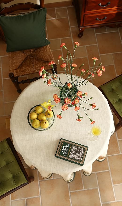 Designer Vintage French Small Round Tablecloth,Linen Shabby Chic Floral Colorfast Table Cloth,Decor Table Cover for Kitchen,Dining,Tea Party,Home,Christmas,Diameter 55"-Manolya