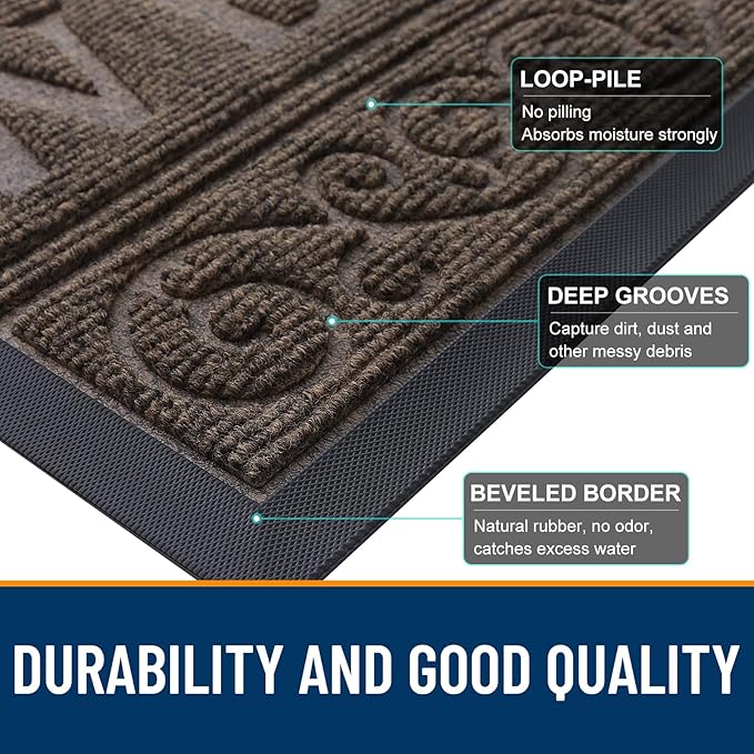 OLANLY Welcome Door Mat Indoor Outdoor Entrance, Heavy Duty Sturdy Front Door Mat, Waterproof All-Weather Doormat, Stain Resistant, Low Profile, Easy Clean Patio Entryway Mat, 29.5 x 17, Medium Brown