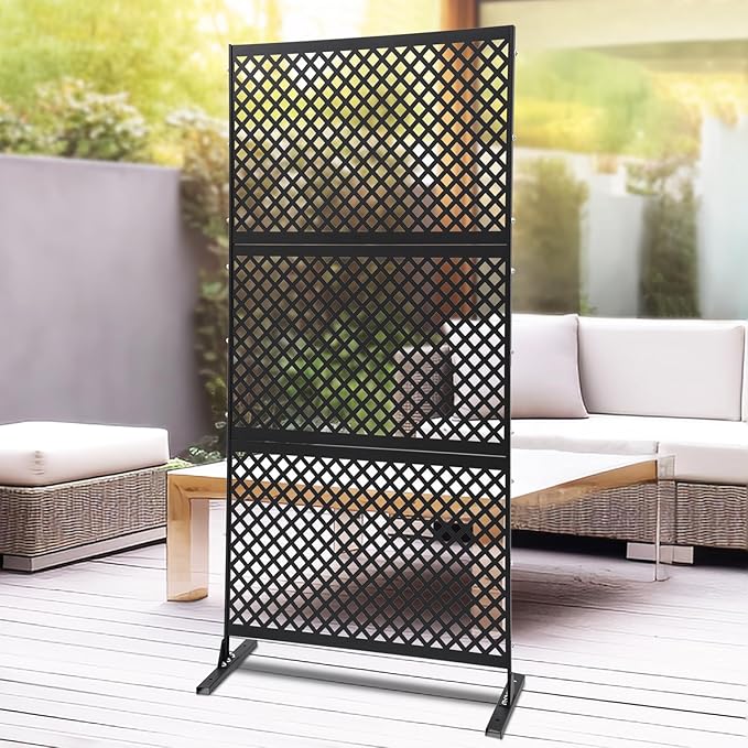75" H×35" W Decorative Outdoor Privacy Screen with Stand, Outdoor Decor Privacy Fence Screen Metal Fence Panels, Free Standing Metal Divider for Patio Lawn Deck (Black-Small Square)