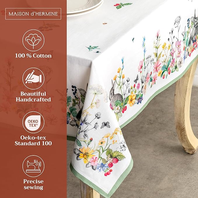 Maison d' Hermine Table Cloth Rectangle Table 100% Cotton 54 x 72 Inches Tablecloth Reusable Decorative Everyday Use for Dining Room, Farmhouse, Home Party, Festive & Wedding Spring Summer - Printemps