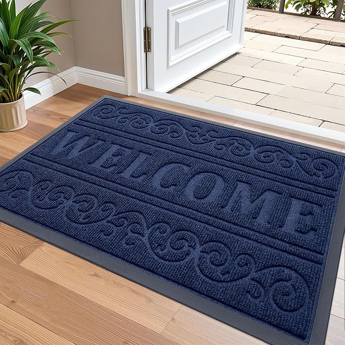 OLANLY Welcome Door Mat Indoor Outdoor Entrance, Heavy Duty Sturdy Front Door Mat, Waterproof All-Weather Doormat, Stain Resistant, Low Profile, Easy Clean Patio Entryway Mat, 36 x 24, Navy Blue