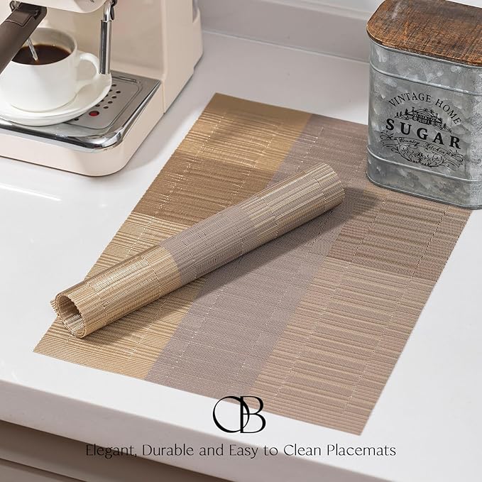 Placemats Set of 8 - Easy Clean Woven Vinyl Placemats for Dining Table, Indoor/Outdoor Place Mats, Washable PVC Table Mats （Gold Dune）