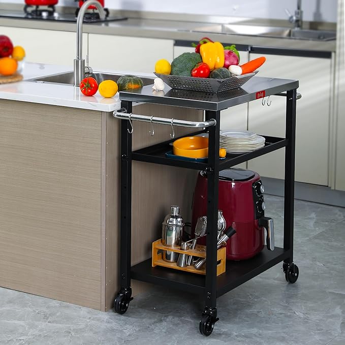 3-Shelf Grill Table, Pizza Oven Stand with Shelf, Movable Pizza Oven Grill Cart, Grill for Outside, Outdoor Bar Cart with Wheels, Stainless Steel top, L26.6xW16.1