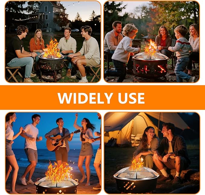 24 Inch Fire Pit Spark Screen,Stainless Steel Fire Pit Screen Cover with Handle&Poker,Outdoor Fire Pit Screen Cover Round Mesh Lid Heavy-Duty for Backyard/Beach/RV Camping