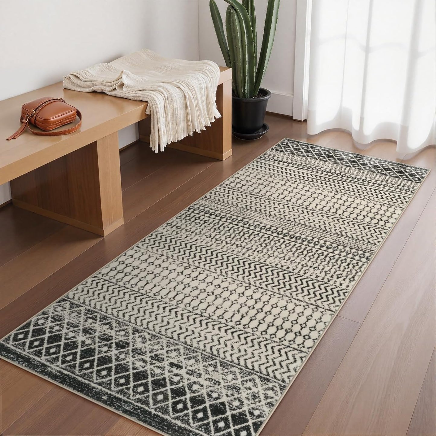 Moroccan Rug Runners for Hallways, 2x5 Ultra Soft Non-Slip Washable Rugs for Bedroom, Low Pile Distressed Black Rug Carpet Runner for Entryway Kitchen Bedroom Laundry Room