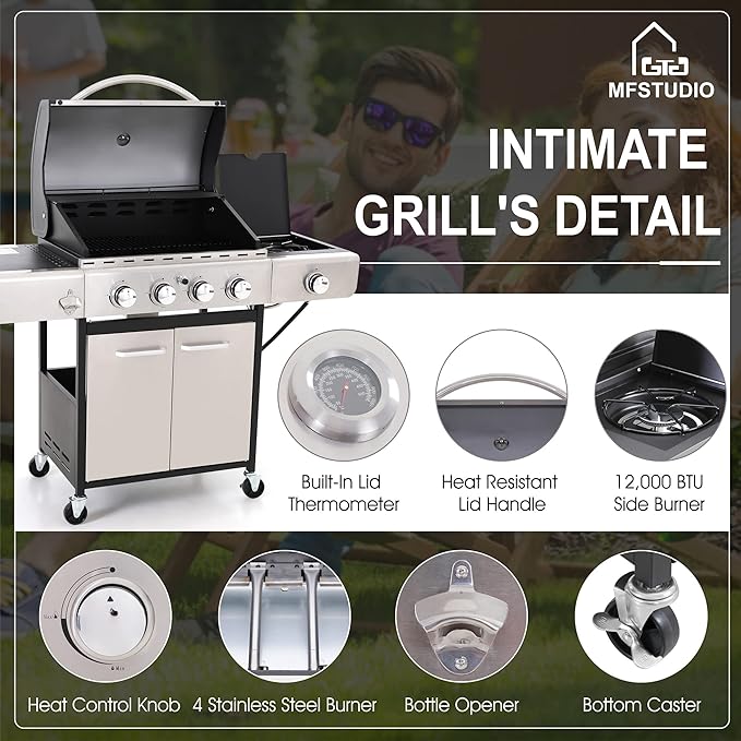 MFSTUDIO 4-Burner Propane Gas Grill, Stainless Steel BBQ Grill with Side Burner and Porcelain-Enameled Cast Iron Grates, High Heat Output Gas BBQ Grills for Barbeque and Outdoor Cooking