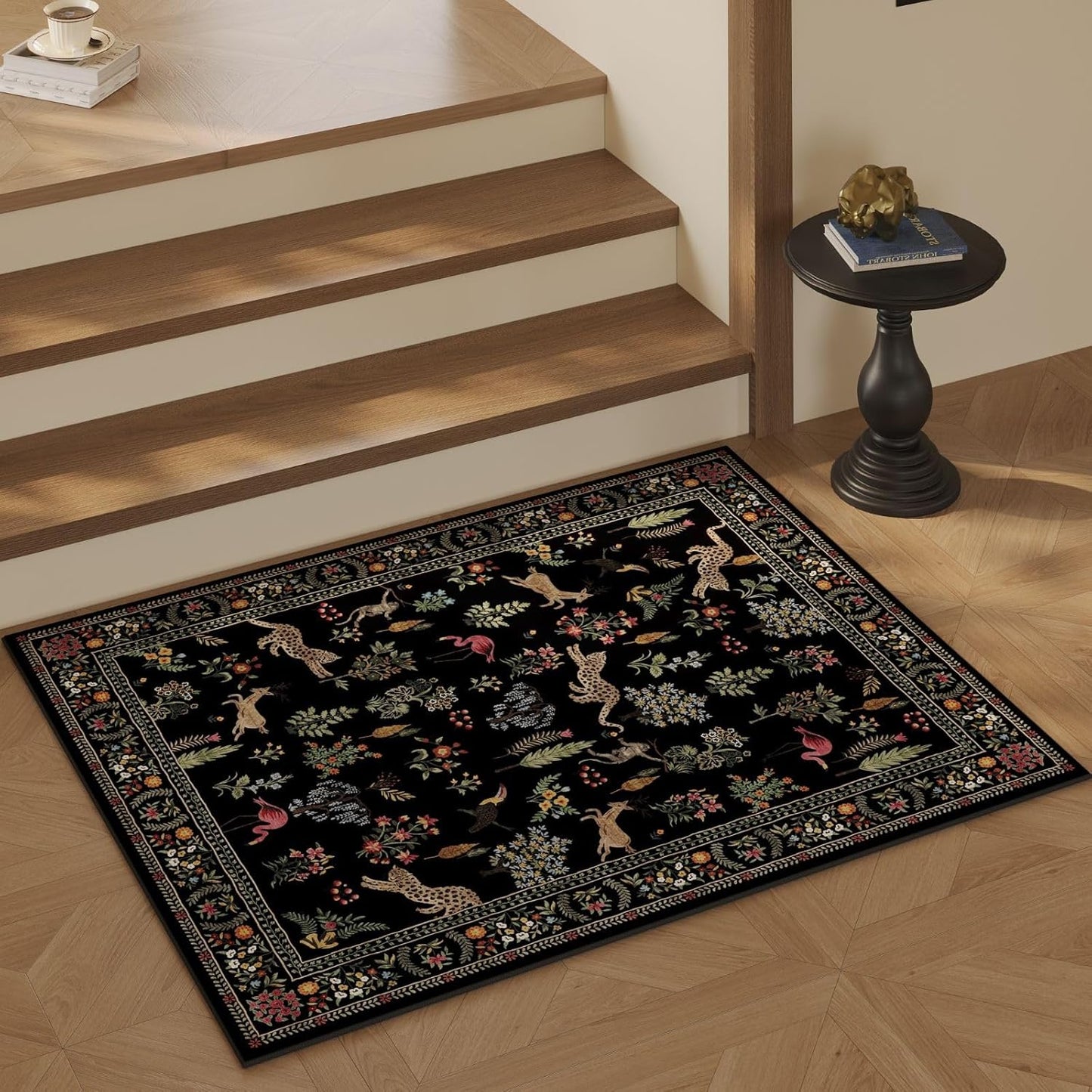 Rugcomf Door Mat Indoor Entrance 2x3 Rug Machine Washable Boho Floral Animal Small Area Rug Non-Slip Low Pile Throw Rugs for Entryway, Kitchen, Front Door Indoor Entrance, Entry, Kids Room (Black)