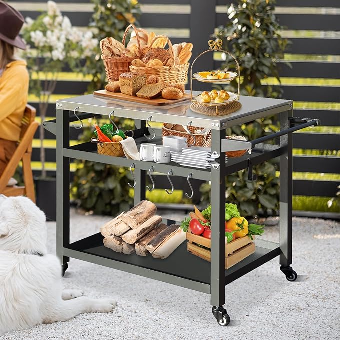 Domi 3-Tier Outdoor BBQ Grill Cart with Lockable Wheels | Portable Pizza Oven Stand & Food Prep Station | Blackstone Griddle with Stainless Steel Tabletop All-Weather Patio Cooking Center