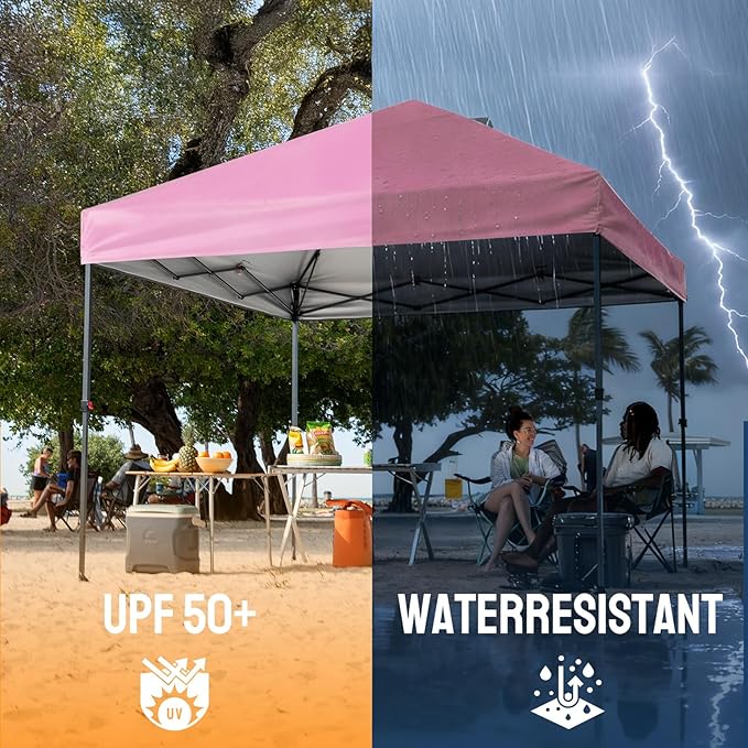 CROWN SHADES 10x10 Pop Up Canopy Tent - Patented Center Lock One Push Instant Outdoor Canopy Beach Tent with STO-N-Go Bag 8 Stakes & 4 Sand Bags，Pink