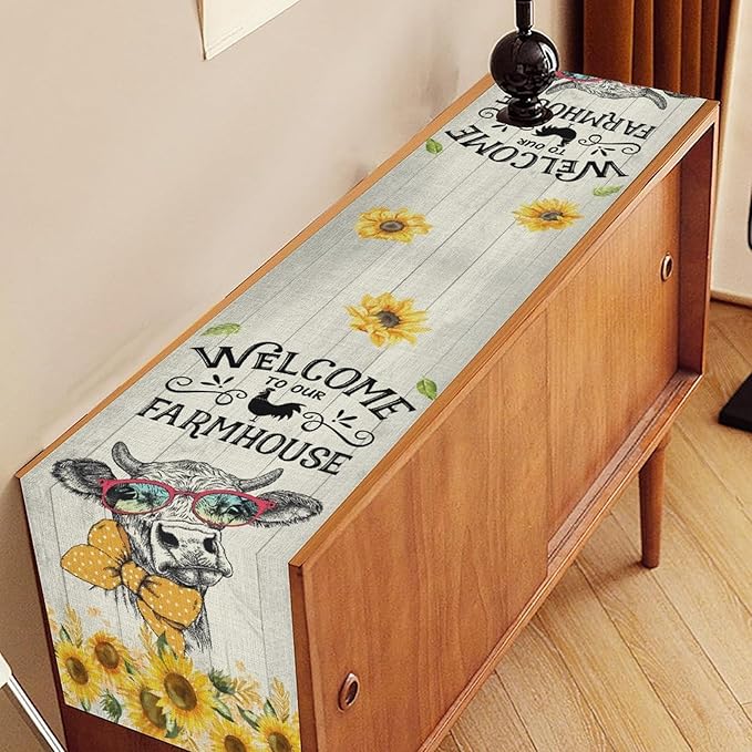 Farmhouse Cow Table Runner, Rustic Yellow Sunflower Floral Buffalo Animals Spring Coffee Farm Table Center Decor for Family Kitchen and Living Room Country Holiday Party Table Decorations, 13" X 90"