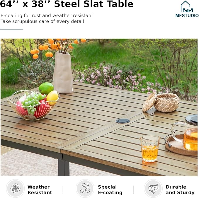 MFSTUDIO 7 Pieces Patio Dining Sets for 6, 64" Rectangle Wood-Like Dining Table for 6, Cushioned Metal Chairs, Outdoor Table and Chairs, Heavy Duty Dining Furniture for Backyard, Porch